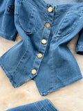 Runhufu Fashion Denim Suits Cardigan Square Collar Short Sleeves Blouse+High Waist A Line Skirt Women Hotsweet Two Pieces Sets