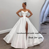 Runhufu Satin Wedding Dresses for Women Sweetheart A Line Bride Dress with Slit Long Beach Bohemian Wedding Gown for Women