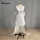 Runhufu Short Mini Satin V Neck Wedding Party Dress Large Bow Open Back Sleeveless Above Knee Length Bridal Gowns