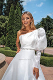 Runhufu Strapless A-Line Wedding Dresses One Shoulder Long Sleeves Sweep Train Bridal Gowns Vestido De Noiva