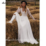 runhufu Chiffon V Neck Long Sleeve Bridal Dress Sweep Train Lace Open Back Bohemian Boho Beach Wedding Dress Wedding Gown