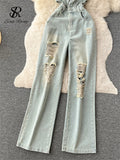 Runhufu American Retro Streetwear Denim Jumpsuits Zipper Pocket High Waist Wide Legs Ripped Pants Summer Women Slim Rompers