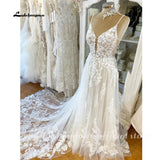 Runhufu Spaghetti Straps Lace Wedding Dress Sexy Bridal Robe Plunging V Neck Tulle Boho Wedding Gown Abiti Sposa