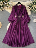 Runhufu Vintage Senior Pleated Dress V Neck Lantern Sleeve Zipper Bow Diamonds High Quality Lady France Elegant A Line Dress
