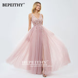 runhufu A-line Gray Formal Occasion Dress With Slit Lace Prom Dresses For Women Party Wedding Evening A-line Bridesmaid Gown