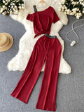 Runhufu Vacation Casual Sports Suits Summer Off Shoulder Short Camis Tops+High Waist Wide Leg Pants Women Y2K Two Pieces Sets