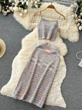 Runhufu Sexy Hollow Out Rainbow Set Knitted Mini Camis Hight Waist Knit Mid Dress Women Streetwear Fashion Two Pieces Suits