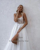 Runhufu Country Beach Wedding Dress Lace SoftTulle A Line Princess Wedding Gowns Boho Slit Backless Bride Formal Bridal Gown