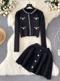 Runhufu Japan Style Pearls Knit Suits Hidden Breasted Pockets Cardigan+Mini Pleated A Line Skirt Women Sweet Streetwear Sets