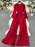 Runhufu V Neck Jumpsuits for Women Long Puff Sleeve Belt Design Loose Wide Legs Pleated Pants Streetwear Fashion OL Bodysuits