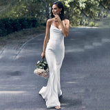 Runhufu Sexy Spaghetti Straps Cowl Neck Micro Wedding Dress 2024 Simple Sleeveless Crepe Mermaid Bridal Gowns Sweep Train