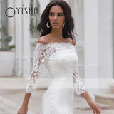 Runhufu Long Sleeve Satin Wedding Dresses Boat Neck Appliques Lace Princess Bridal Gown Back Buttons Sweep Mermaid Robe De Mariée