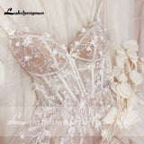 runhufu Boho Wedding Dress Lace Applqiues Floral Beading Backless Spaghetti Straps Bridal Gowns estido de noiva praiano