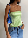 Runhufu Chic Summer Satin Bandeau Tops Women Sleeveless Back Tie Up Tank Tops Solid Color Strapless Tube Tops Female Vest