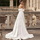 Runhufu Wedding Dresses A-Line Bridal Gowns Off The Shoulder Satin Robes For Formal Party Sexy Robes High Slit Vestidos De Novia