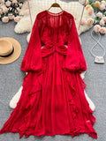 Runhufu Summer Chiffon Loose Sundress Women O Neck Long Puff Sleeves Irregular Ruffles Ruched Zipper Solid Elegant Party Dress