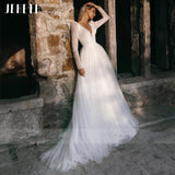 Runhufu Sexy Long Sleeve Wedding Dress Beach Women Illusion Back Lace Appliques V-Neck A-Line Bridal Gown Tulle Vestidos De Novia