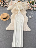 Runhufu Spaghetti Strap Knitted Beach Long Dress Summer Vintage Hollow Out Sheath Sundress 2024 Elastic Backless Sexy Dress