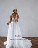 Runhufu Country Beach Wedding Dress Lace SoftTulle A Line Princess Wedding Gowns Boho Slit Backless Bride Formal Bridal Gown