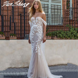 Runhufu Off Shoulder Wedding Dress Sweetheart Lace Appliques Mermaid Sexy V-Neck Bride Gown Backless Zipper Vestidos De Noiva