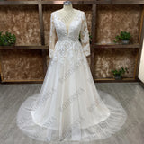 Runhufu Princess Light Champagne Wedding Dresses Long Sleeves Backless A-Line Bride Gowns Applique Tulle vestidos de novia