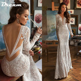 Runhufu Deep V Neck Lace Mermaid Wedding Dress Backless Long Sleeves Sweep Train Boho Bridal Gown Custom Made Bohemian