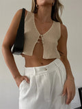 Runhufu Casual Women Knit Cropped Tops Summer Fall Streetwear Party Vest Tops Loose Fashion Sleeveless V-Neck Buttons Tank Tops