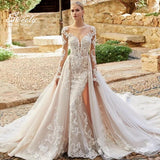 Runhufu Mermaid Detachable 2 In 1 Wedding Dress Embroidered Lace On Net With O-neck Full Sleeve Vintage Gowns Vestido De Novia