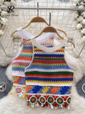 Runhufu Bohemian Rainbow Knit Tops Y2k Hooked Flower Hollow Out Sleeveless Sweet Summer Women Holiday Beachwear Colorful Camis