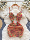 Runhufu American Europen Hotsweet Halter Lace up Mini Dress Ladies Hollow Slim Fashion Drawstring Bodycon Strap Knitted Dress