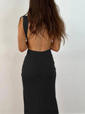 Runhufu Backless Wrapped Slit Bodycon Dress for Women Summer Elegant Fashion Sleeveless Deep V Neck Twist Ruched Long Tank Dress