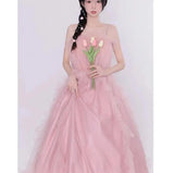 Runhufu A Line Wedding Dresses Fashion Spaghetti Straps Evening Dress With Small Train Sweet Pink Tulle Sukienka Na Wesele