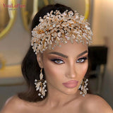 Runhufu HP377 Golden Wedding Hair Accessories Alloy Leaves Bridal Tiara Crystal Side Hair Headpiece Floral Bride Crown Party