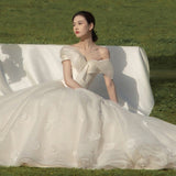 Runhufu Light Simple Boho Wedding Dress 2023 New Boat Neck Off The Shoulder Bridal Dress Tuller Wedding Gowns
