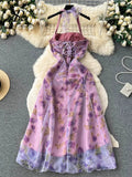 Runhufu Halter Floral Print Long Dress 2024 Sleeveless Organza Bohemian Backless Sundress High Quality Lace Up Beach Dress