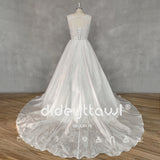 Runhufu Real Picture O-Neck A-Line Appliques Sleeveless Satin Wedding Dress Lace Up Back Court Train Bridal Gown Custom Made