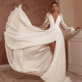 Runhufu Elegant Women's Wedding Dress Puffy Sleeves 3D Lace V-neck backless sexy side slit Bridal dress Beach Garden New 2024