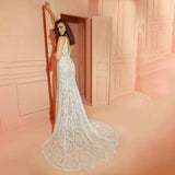 Runhufu Sexy Lace V Neck Mermaid Wedding Dresses 2023 Spaghetti Straps Sleeveless Bridal Dresses Backless Vestidos De Novia
