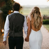 Runhufu Crepe Sheath Spaghetti Straps Bridal Gowns Custom Made Plus Size V Neck Backless Sexy Open Back Buttons Wedding Dress