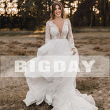 Runhufu A-Line Wedding Dresses Women 2024 Open Back Long Sleeves Lace V-Neck Bridal Gowns Tulle Sweep Train Vestidos De Noiva