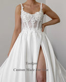 Runhufu A Line Satin Lace Wedding Dresses Appliques Beaded Sequines Split Bridal Dress Women Formal Special Party Bridal Gowns