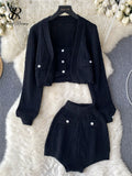 Runhufu Autumn Knitted Three Pieces Sets Long Sleeved Cardigan+ Single Breasted Strapless+ Stretch High Waisted Shorts Suits