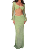 Runhufu See-Through Hollow Out Knit Crochet Outfit Women Party Beach Dress Sets Long Sleeve Crop Tops+Wrapped Long Skirts