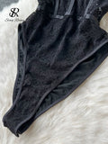 Runhufu Halter Sexy Bodysuits Ladies Lace Floral Slim Short Rompers 2024 Fashion Women Perspective Club Black Playsuits