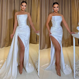 Runhufu backless side slit White mermaid Elegant Ladies Pearl Wedding dress Strapless Beach Garden New Your mother party dress