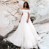 Runhufu Off Shoulder Tiered Wedding Dresses Sleeveless Wedding Gowns Backless A-line Court Bridal Gown vestido de novia