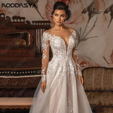 Runhufu Scoop Neck A-Line Wedding Dress Long Sleeves Illusion Back Tulle Bridal Gowns Lace Applique Plus Size Vestido De Novia