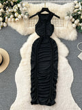 Runhufu Trend Harajuku Style Long Dress Women Ruched Lace Up Cross Bandage Design Sleeveless New Summer Casual Slim Sexy Dress