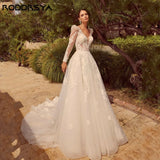 Runhufu Backless V-Neck Lace Wedding Dress A-Line Long Sleeves Tulle Bridal Gown Applique Elegant Button Vestidos De Novia 2024