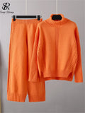 Runhufu Women Casual Fashion Sweater Sets Turtleneck Loose Thick Knit Top+Elastic Wide Leg Long Pants Winter Two Pieces Suits